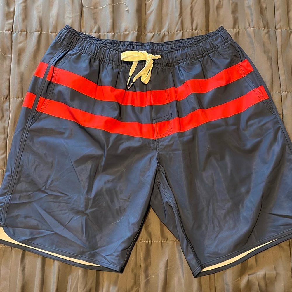 Fair Harbor Men’s Swim Trunks - Blue with Red Stripes